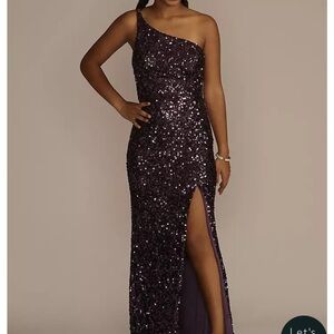 David's Bridal Purple Asymmetrical Sequin Gown